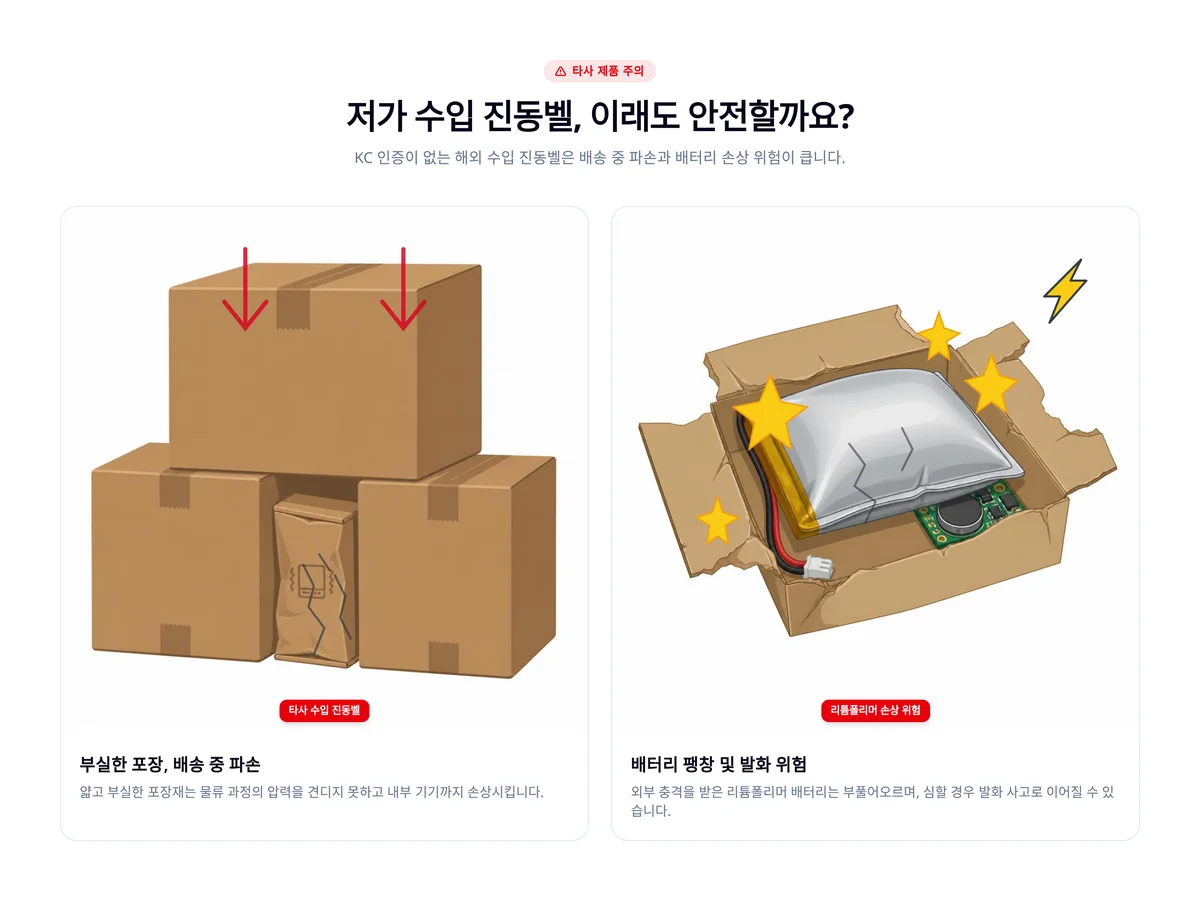 수입 진동벨의 배송 중 파손과 배터리 손상 위험을 설명한 그림